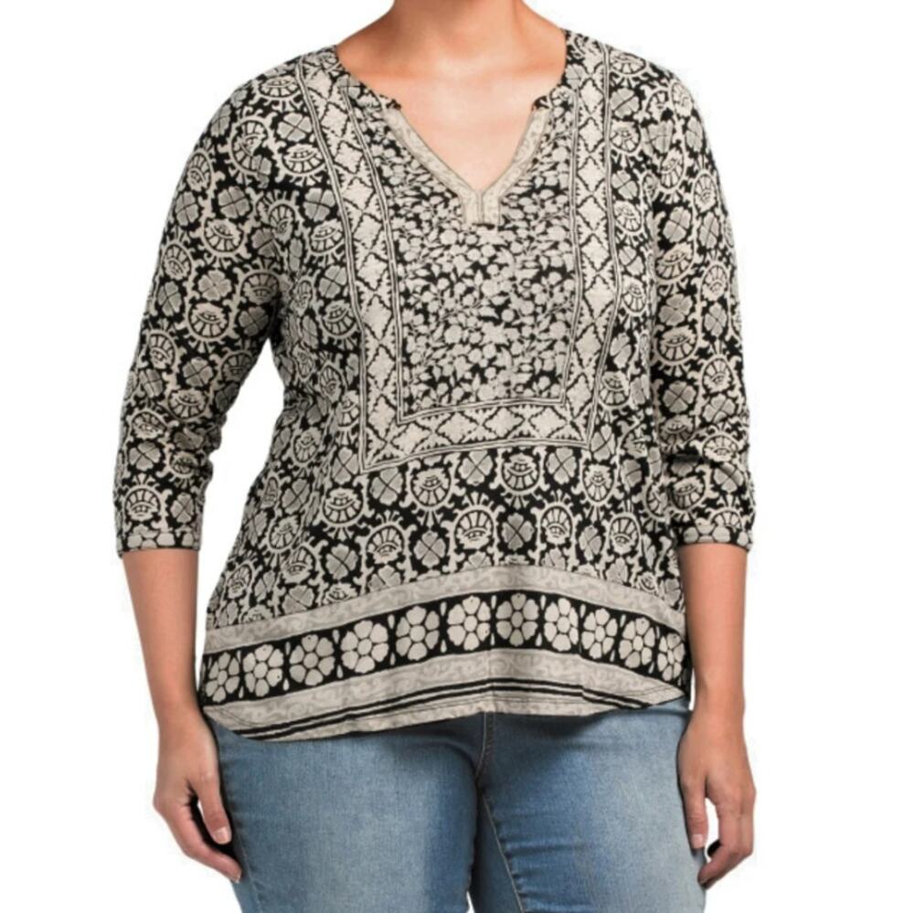 New Lucky Brand Tan Black Bohemian Block Textured Floral Print Tunic Top Size 1X